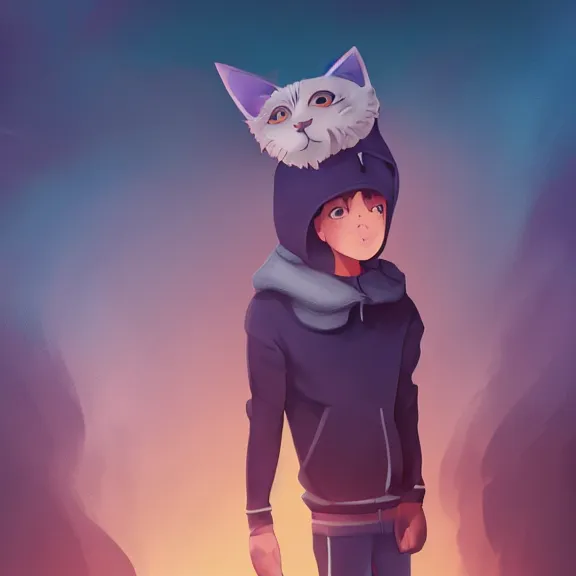 Image similar to boy with cat ears and cat tail wearing hoodie, fantasy artwork, award winning, very very very very very very very very very very beautiful, studio lighting, trending on artstation.