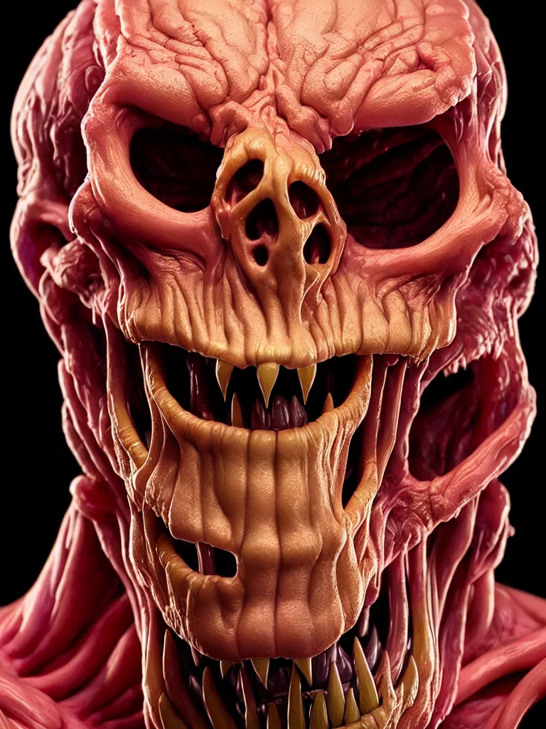 Image similar to hyperrealistic rendering, cronenberg flesh monster skeletor face by donato giancola and greg rutkowski and wayne barlow and zdzisław beksinski, product photography, action figure, sofubi, studio lighting, colored gels