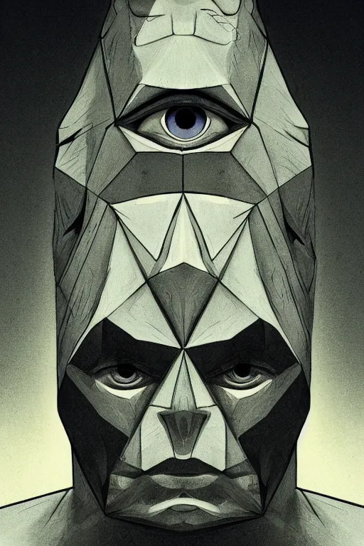 Image similar to portrait of triangle shaped ogre head and shoulders with single centered giant bloodshot eye, in the style of Greg Broadmore and Arthur Rackham,trending on artstation, light lighting side view,digital art,surrealism ,macro,blueprint ,vaporwave ,