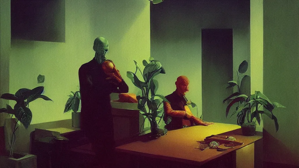 Image similar to portrait of a man and his plant, science fiction, Edward Hopper and James Gilleard, Zdzislaw Beksinski highly detailed