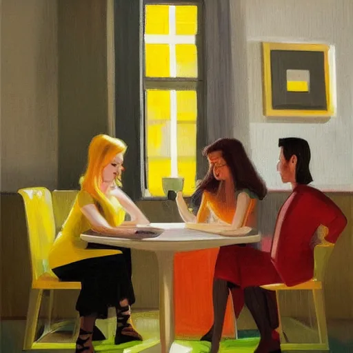 Prompt: by michael malm electric yellow, powerpuff girls. a computer art of two people, a man & a woman, sitting at a table. the man is looking at the woman with interest. the woman is not interested in him. there is a lamp on the table between them.