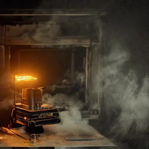 Image similar to cyborg with toaster oven chest, dark messy smoke - filled cluttered workshop, dark, dramatic lighting, orange tint, sparks, cinematic, highly detailed, sci - fi, futuristic, movie still