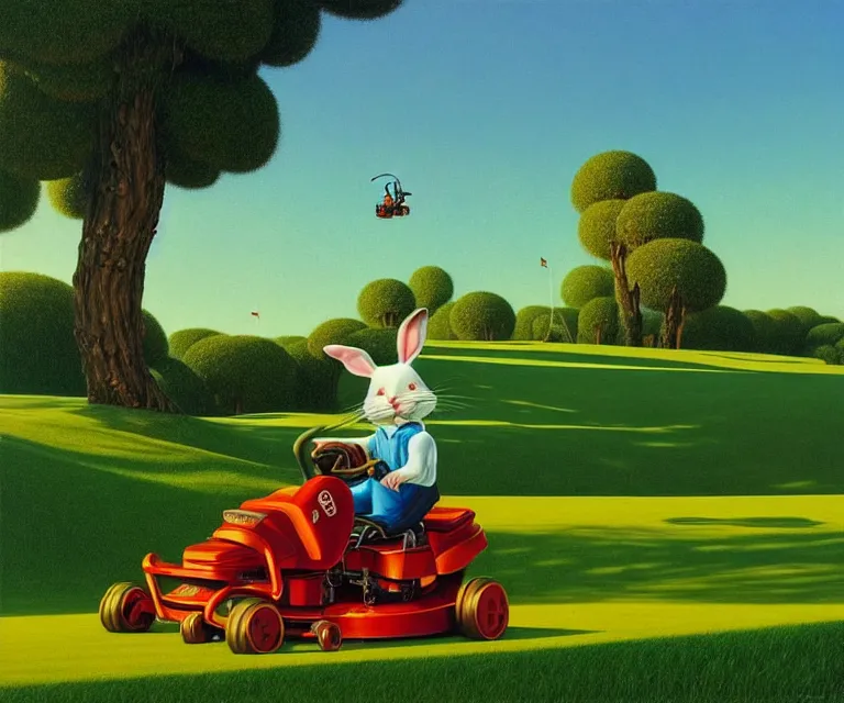 Image similar to hyper detailed 3d render like a Oil painting - a cartoon rabbit riding a lawnmower across a golf course at dawn, by Jacek Yerka, Mariusz Lewandowski, Houdini algorithmic generative render, Abstract brush strokes, Masterpiece, Edward Hopper and James Gilleard, Zdzislaw Beksinski, Mark Ryden, Wolfgang Lettl, hints of Yayoi Kasuma, octane render, 8k