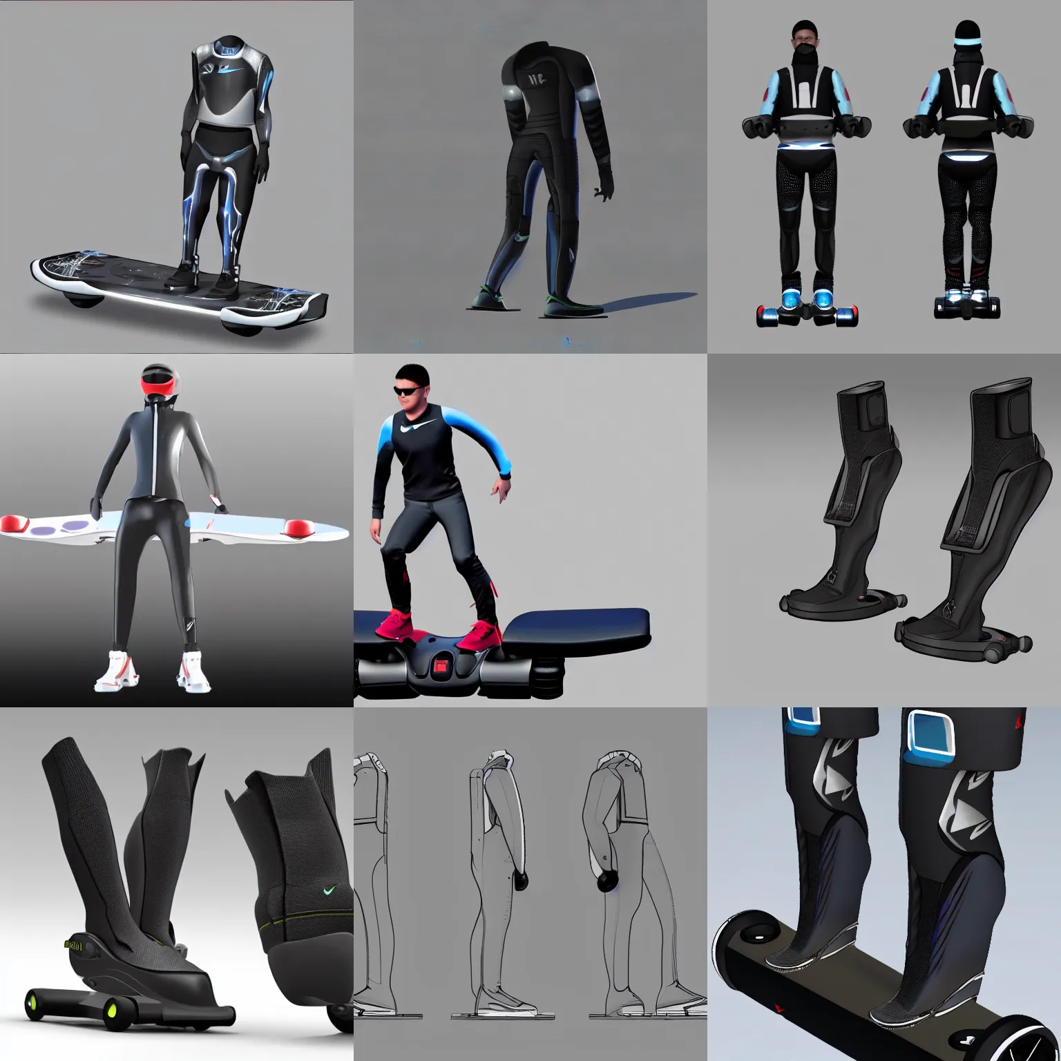 Prompt: CAD design of Nike jet hoverboard exoskeleton boots capable of flight, CAD design inspired by retrofuturistic aesthetics, solidworks, autodesk inventor, catia