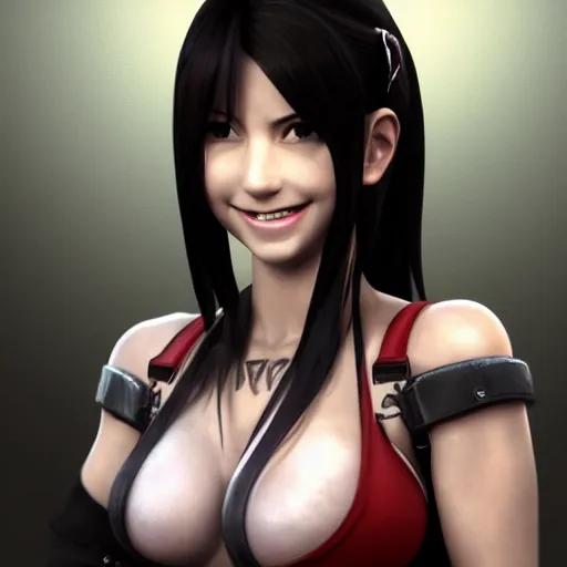 Prompt: high quality screenshot of tifa lockhart with tattoos, smiling, trending on artstation