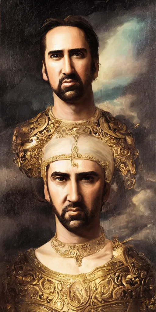 Prompt: Romantic-period style portrait of Nicholas Cage playing Alexander the Great, trending on artstation, oil painting masterpiece, symmetry, fractals, Greek iconography