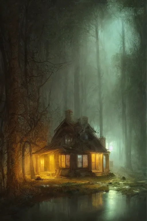 Prompt: an abandoned cottage in the forest at night, intricate, horror, dark volumetric lighting, scenery, digital painting, highly detailed, artstation, sharp focus, illustration, concept art,ruan jia, steve mccurry