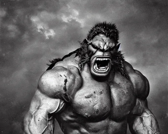Prompt: realistic vintage photograph of a warrior ogre chieftain, tall, muscular, hulk like physique, sharp fangs and tusks, big arms, big hands, big feet, armored, tribal paint, highly detailed