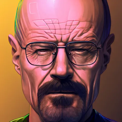 Image similar to high quality illustration, walter white realistic portrait, cyberpunk colors, riot game, beautiful, alexandre bourlet, vaporwave, lois van baarle, league of legend, digital painting, james jean, dynamic colors, greg rutkuwsky, artstation, concept art, neon