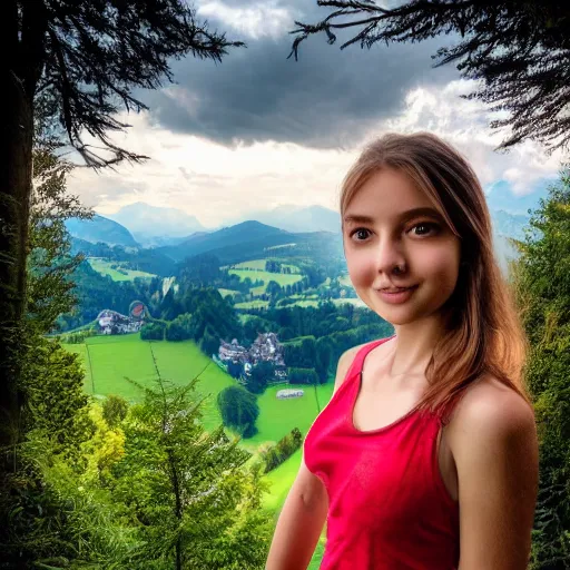 Image similar to a beautiful photograph of a girl with switzerland landscape in the background with trees, hdr, 8 k, high quality, sharp focus, artstation, highly detailed, award - winning, dramatic lighting, beautiful clouds, and nature