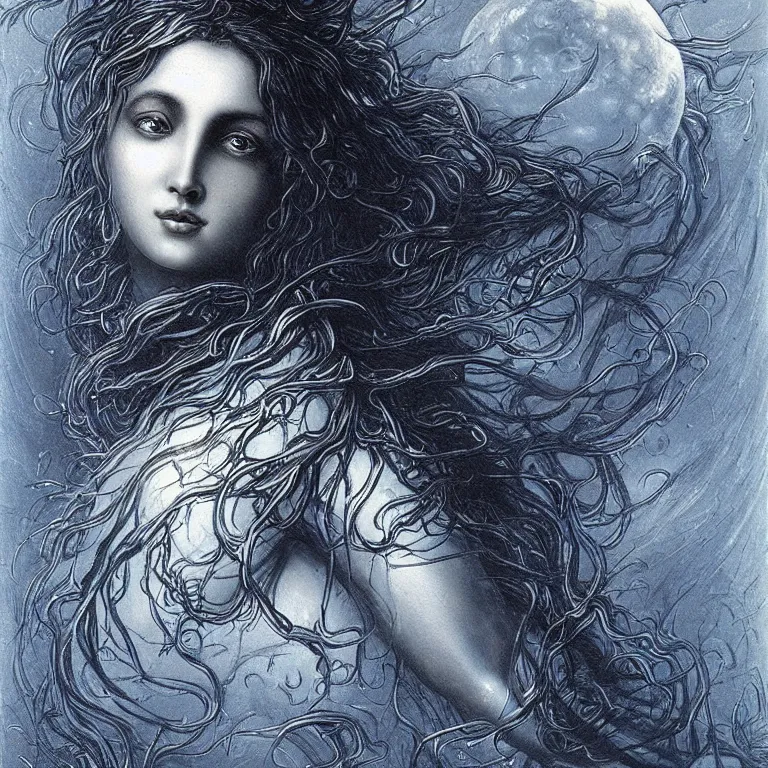 Prompt: beautiful biomechanical moon goddess, flowing hair, intense stare, sweet sarcastic smile, dark blue skin, concept art, realistic oil painting by gustave dore,