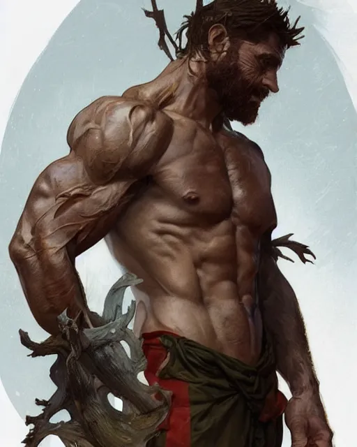 Image similar to god of the forest, 3 0 years old, rugged, male, gorgeous, detailed face, amazing, thighs!!!!!!, muscular, intricate, highly detailed, digital painting, artstation, concept art, sharp focus, illustration, art by greg rutkowski and alphonse mucha