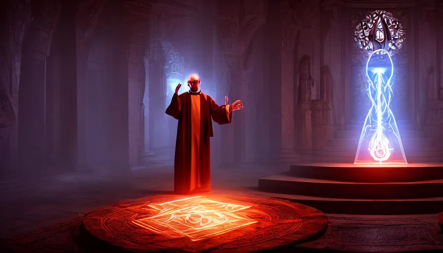 Prompt: an occult priest performs demonic ritual with magic and a glowing sigil in a fantastic temple, volumetric lighting, magical lighting, raytracing, dynamic lights and shadows, photorealistic render, digital art, wallpaper