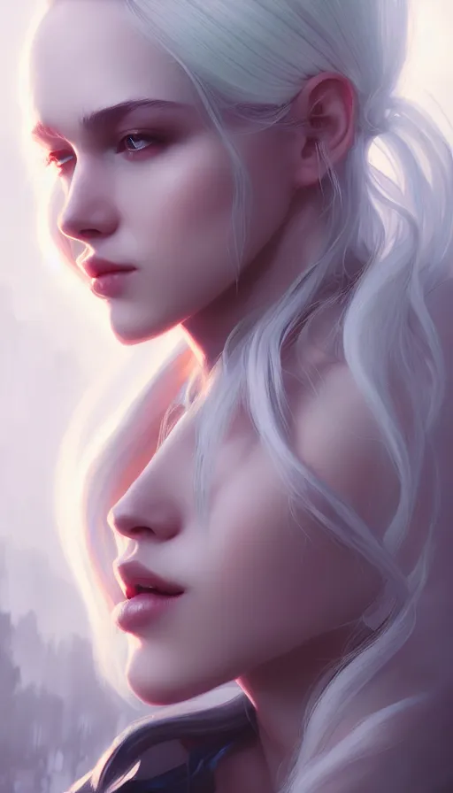 Image similar to portrait of a beautiful girl, flowy white hair, cinematic lighting, highly detailed, dark forest, digital painting, trending on artstation, pixiv, concept art, sharp focus, illustration, art by ross tran and wlop