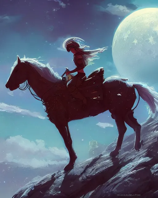 Prompt: a horse on the moon. atmospheric lighting, 8 k. by makoto shinkai, stanley artgerm lau, wlop, rossdraws, james jean, andrei riabovitchev, marc simonetti, krenz cushart, sakimichan, d & d trending on artstation, digital art.