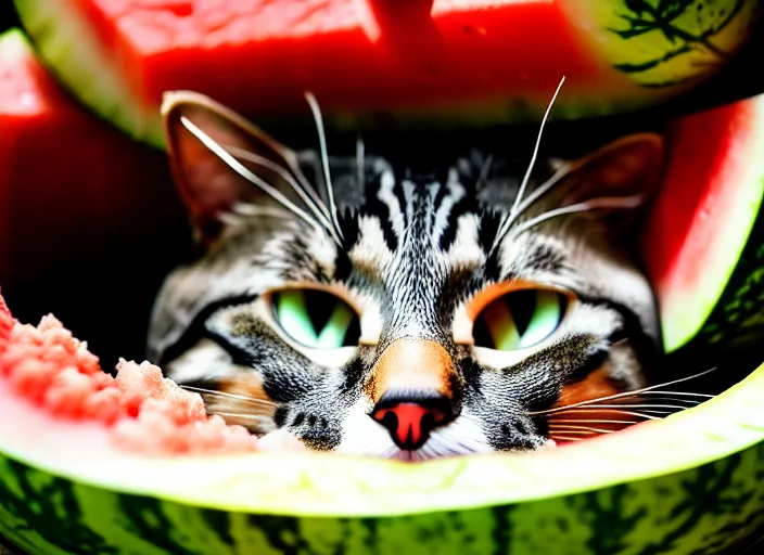 Image similar to photo of a cat wearing a helmet made of a watermelon. fantasy horror style. highly detailed 8 k. intricate. lifelike. soft light. nikon d 8 5 0 5 5 mm. dof. cinematic post - processing.