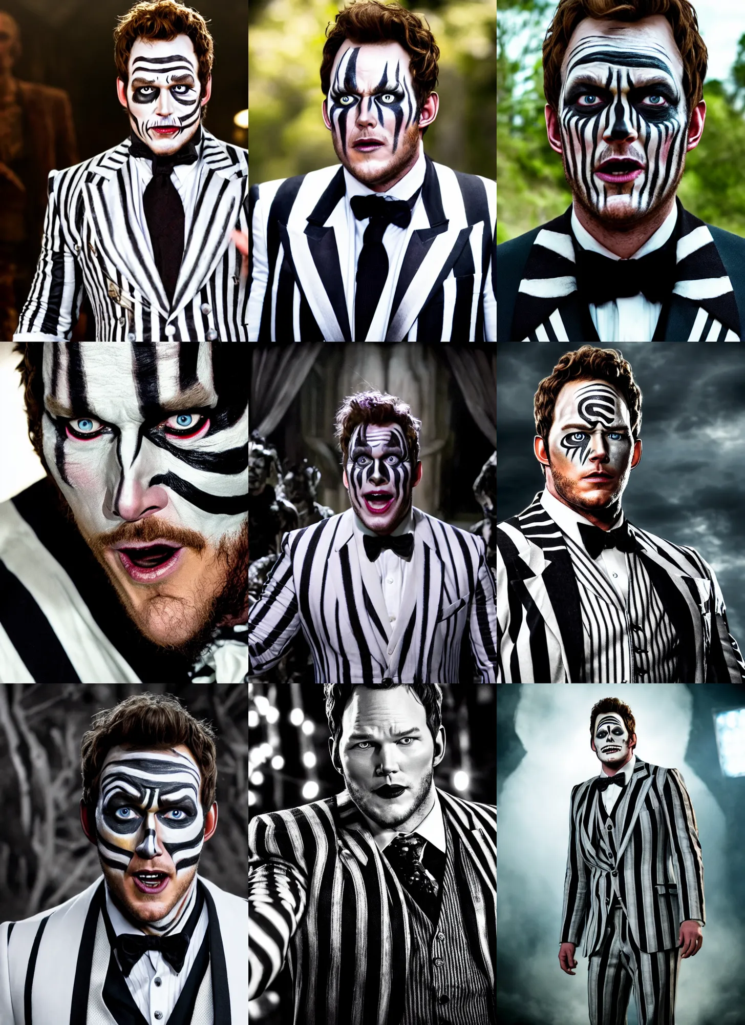 Prompt: a movie still of chris pratt as beetlejuice, detailed, white face paint and black eye shadow, black and white striped suit, dynamic lighting, 8 k hdr movie still
