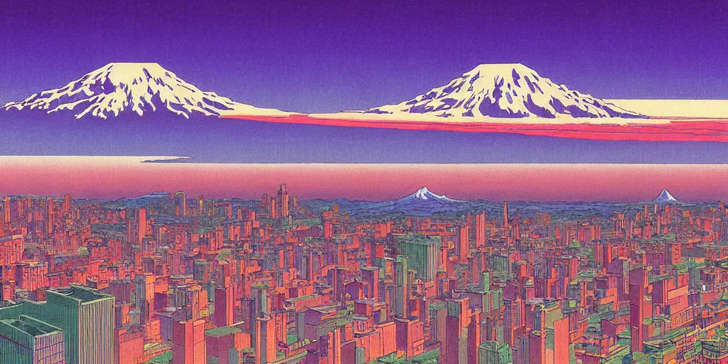 Image similar to skyline of a large metropolis, mount rainier looming in the background, acid and dreaming psychedelic hallucinations, by kawase hasui, moebius and edward hopper, hd, 8 k, artstation, sharp focus, smooth, masterpiece