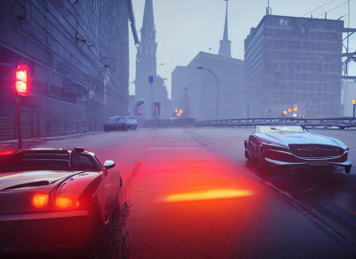 Image similar to gta in moscow, playstation 5 screenshot, mega details, dark night, orange lights, heavy rain, fog, beautiful rtx reflections, brutalism buildings, photorealistic, unreal engine 5, octane render, volumetric light, cg society, 4 k, bokeh, lada car, artstation gediminas pranckevicius