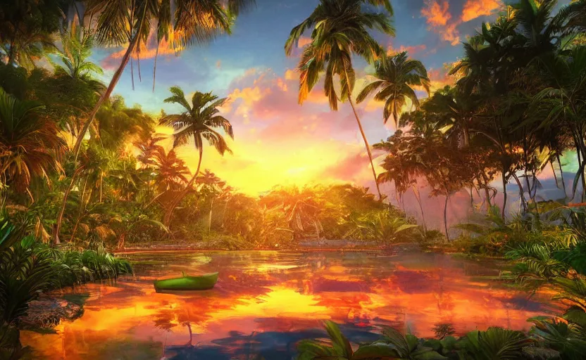 Image similar to a tropical resort in a jungle paradise, with a beautiful red and blue sunset, dynamic lighting, photorealistic fantasy concept art, trending on art station, stunning visuals, creative, cinematic, ultra detailed, ray tracing, sun rays, native tribes, wonderous waters, amazing detail