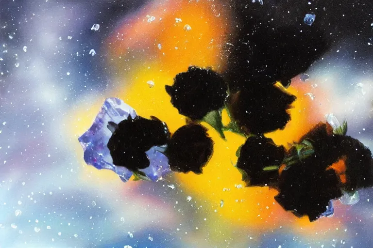 Prompt: hyperrealism oil painting, close - up ice cube with black flowers and fireflies, gradient mixed with nebula sky, in style of baroque