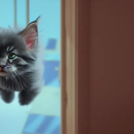 Prompt: eye - level view, a super cute maine coon kitten ate my homework in my room and woke up the next day smart, hilarious, funny, back to school comedy, cg animation, 3 d octane render, imax 7 0 mm,