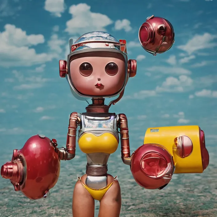 Prompt: portrait of a retro 1 9 5 0 s tin toy robot spacegirl wearing a bikini, depth of field, zeiss lens, detailed, symmetrical, centered, fashion photoshoot, by nicoletta ceccoli, mark ryden, lostfish, breathtaking, 8 k resolution, extremely detailed, beautiful, establishing shot, artistic, hyperrealistic, octane render