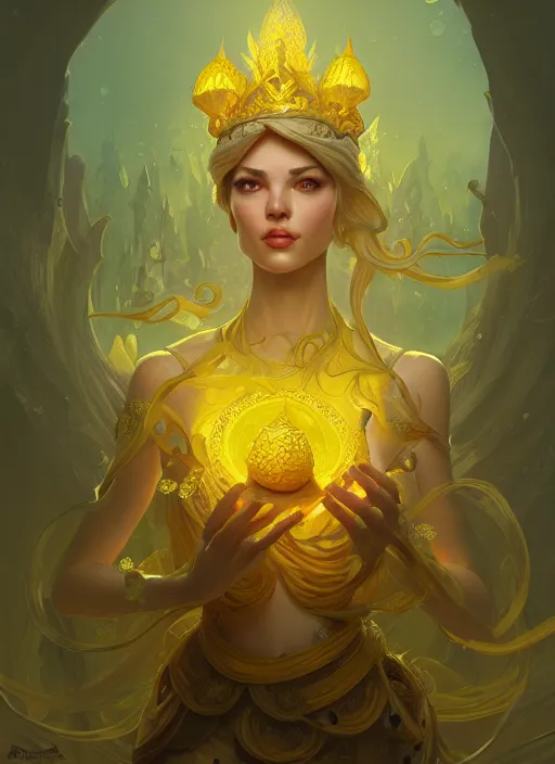 Prompt: yellow mushroom queen, d & d, fantasy, intricate, elegant, highly detailed, digital painting, artstation, concept art, matte, sharp focus, illustration, hearthstone, art by artgerm and greg rutkowski and alphonse mucha