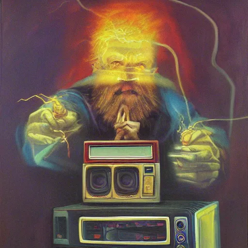 Prompt: book cover of wizard surrounded by crt televisions pvm oil on canvas