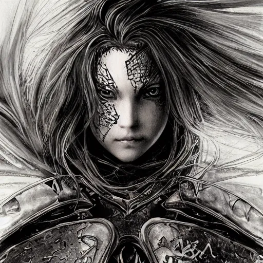 Image similar to Yoshitaka Amano realistic illustration of an anime girl with wavy white hair and cracks on her face wearing Elden ring armour with the cape fluttering in the wind, abstract black and white patterns on the background, noisy film grain effect, highly detailed, Renaissance oil painting, weird portrait angle