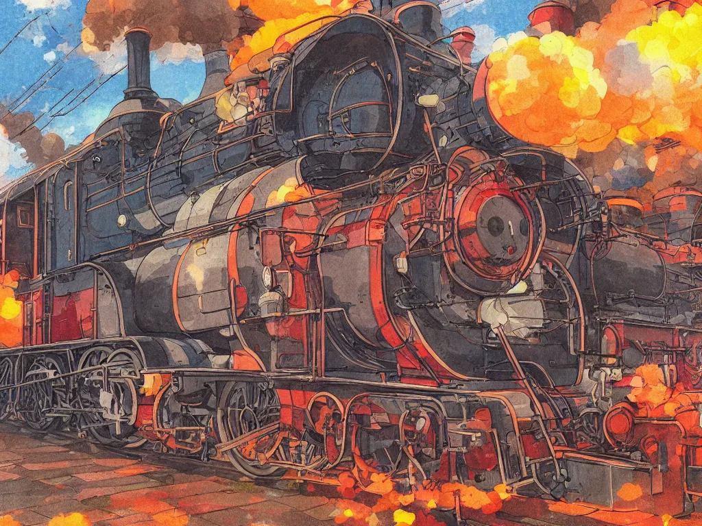 Prompt: cross - section close - up view of a steam anime train, autumn light, colorful, smoke, beautiful, by studio ghibli, digital art, concept art, manga, cute and adorable, illustration