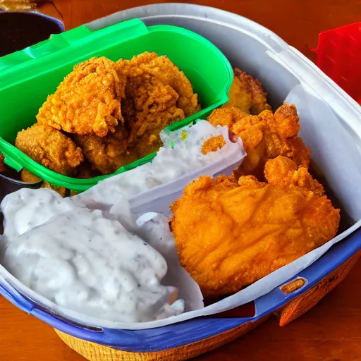 Prompt: rainbow fried chicken meal