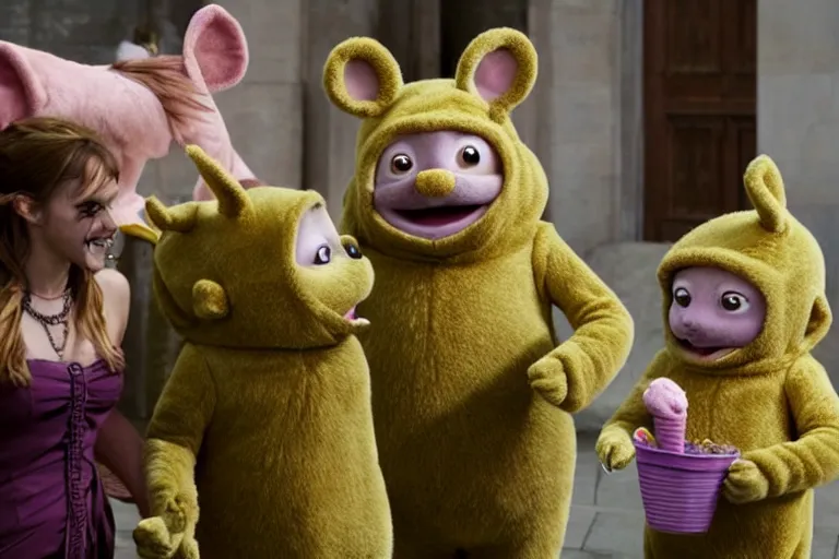 Image similar to photo, emma watson as antropomorphic furry - rat, teletubbies tinky winky, eats icecream, highly detailed, intricate details