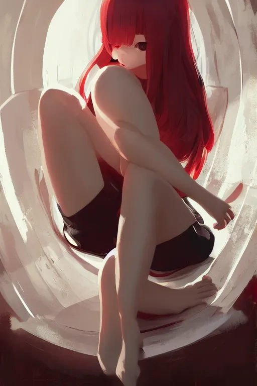 Prompt: a cute young woman sitting in a white bubble chair, cozy setting, red and white, warm lighting, cinematic, moody, nier automata, poster, oil on canvas, in the style of Ilya Kuvshinov, Krenz Cushart, Range Murata, Eero Aarnio, 8k