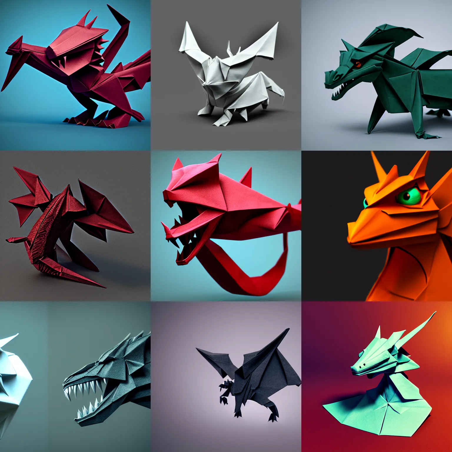 Prompt: dragon, origami, 3 d, octane render, vray