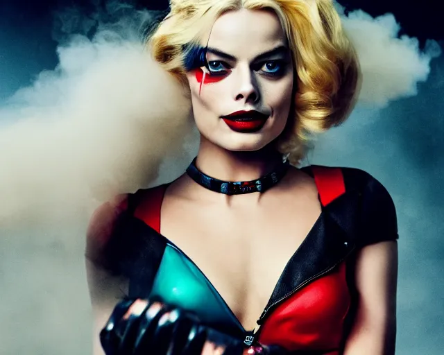 Prompt: Margot Robbie as a harley quinn in a smoke cloud, sexy look, cinematic, 4k, hyper realistic, super detailed