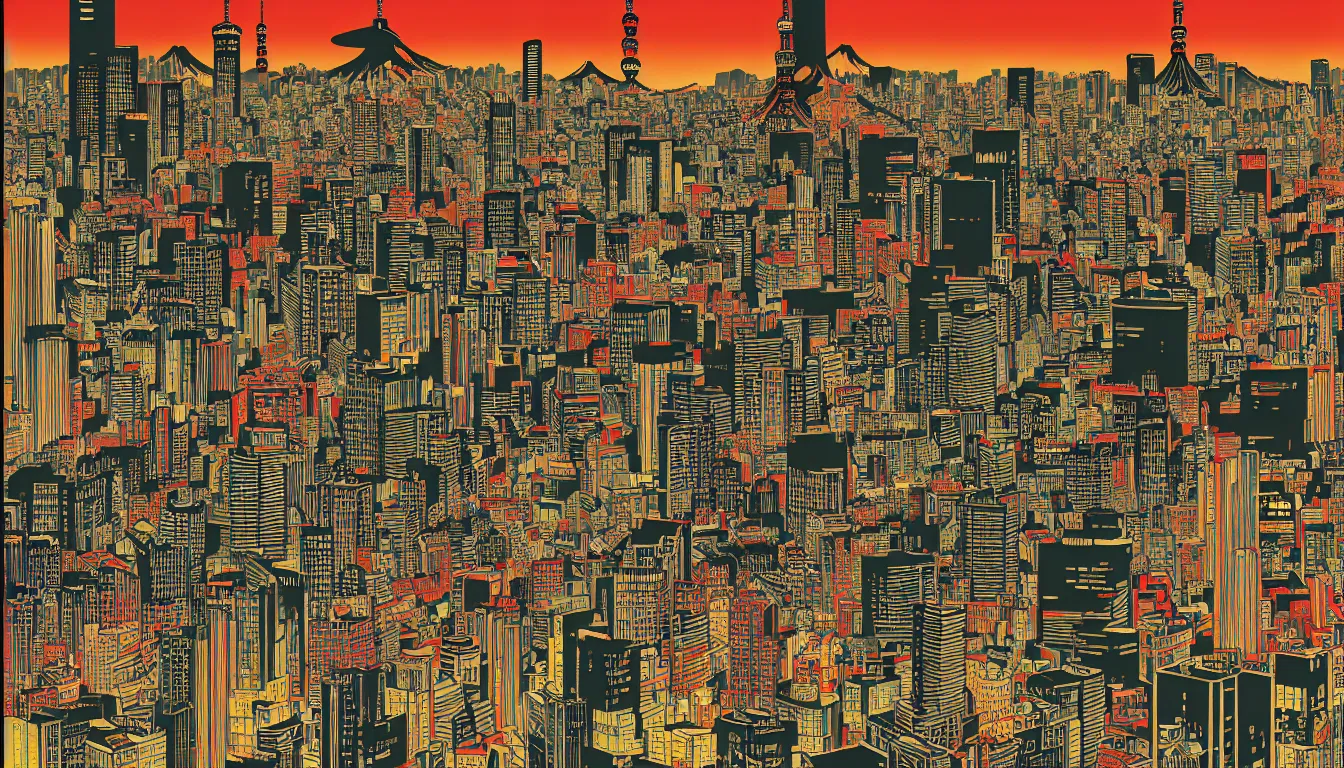 Image similar to tokyo by dan mumford and peter doig and edward hopper, symmetrical, minimal, black ink, thick lines highly detailed, muted colours, overlaid with chinese adverts, 8 k