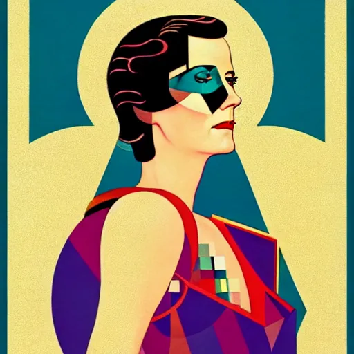 Image similar to Art by Coles Phillips, Portrait of the actress, Eva Green as Space Commander Zeta from the Year 3000, geometric art, poster, no text, Mucha, Kandinsky, indigo, teal, gold