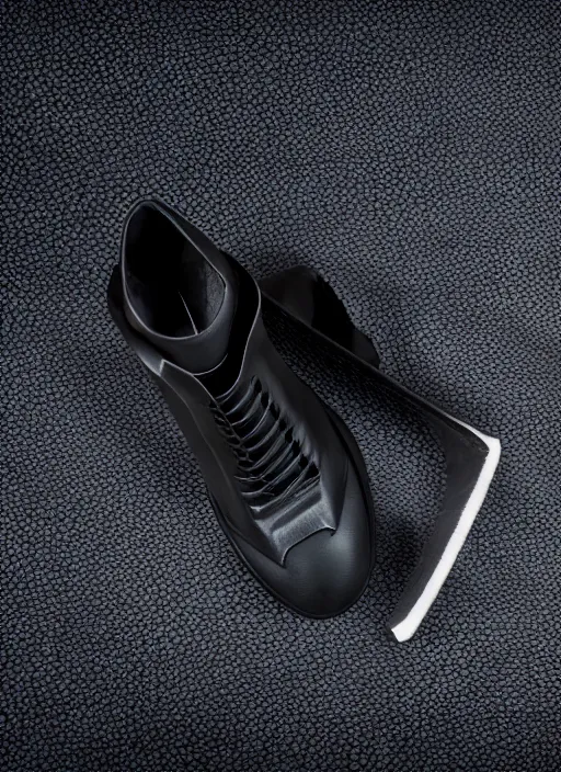 Image similar to hyperrealistic and heavy detailed product photo rick owens shoe of batman, in front of white back drop, whole shoe is in picture, leica sl 2 5 0 mm, vivid color, high quality, high textured, real life