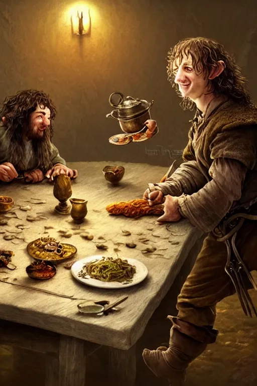 Image similar to dirty faced and very happy looking hobbit looking the table full of food, fantasy, intricate, elegant, highly detailed, digital painting, artstation, concept art, addiction, chains, smooth, sharp focus, illustration, art by Ilja Repin