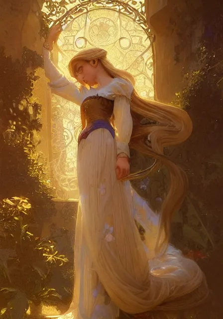 Prompt: rapunzel gold sun lights, intricate, elegant, highly detailed, digital painting, artstation, concept art, smooth, sharp focus, illustration, art by artgerm and greg rutkowski and alphonse mucha and william - adolphe bouguereau