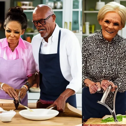 Image similar to Samuel L Jackson and Mary Berry cooking together