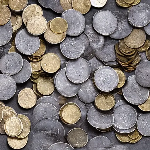 Image similar to heap of coins marked with plus and minus, product photo, volumetric lighting, studio