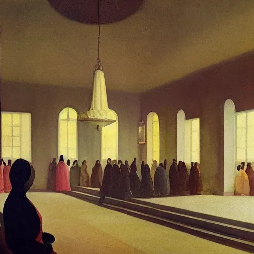 Image similar to procession of women in a soviet temple, dripping watercolor by hammershøi, highly detailed, art nouveau wallpaper, lights by edward hopper, liminal, eerie, pastel colors, limited palette