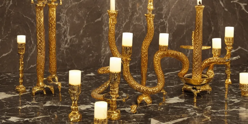 Image similar to snake with gold and silver pattern on a marble floor, candles and intricate candlesticks, by Andres Rios, H 576