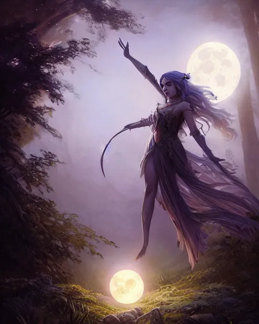 Image similar to attractive fairy goddness fly high in the night, d & d, fantasy, mist, full moon in background, trees, hyper detailed, art by artgerm and greg rutkowski and magali villeneuve, midium shot, 8 k realistic, cryengine, digital painting, trending on artstation, concept art, sharp focus, illustration,