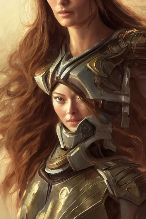 Image similar to a professional painting of a young Olivia Wilde, clothes in military armor, olive skin, long dark hair, beautiful bone structure, symmetrical facial features, intricate, elegant, digital painting, concept art, smooth, sharp focus, illustration, from StarCraft by Ruan Jia and Mandy Jurgens and Artgerm and William-Adolphe Bouguerea