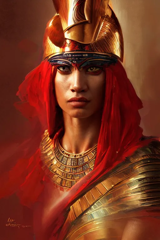 Image similar to egyptian warrior, portrait, fierce, intricate, elegant, red volumetric lighting, digital painting, highly detailed, artstation, sharp focus, illustration, concept art, ruan jia, steve mccurry