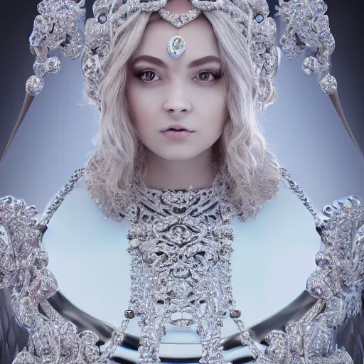 Image similar to portrait of wonderful princess of diamond with fair skin, ornate with diamonds, 8 k, gorgeous, intricate, detailed, glowing white accent lighting, dramatic lighting, octane render