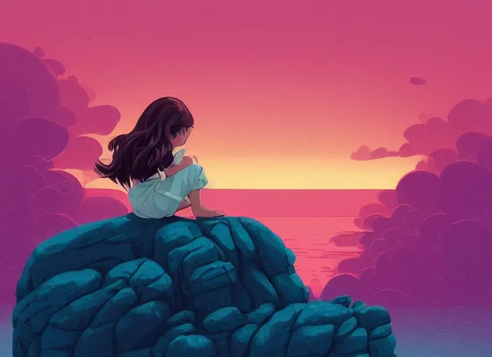 Image similar to little girl with short wavy curly light brown hair sitting on a rock. background pink and blue sunrise. clean cel shaded vector art. shutterstock. behance hd by lois van baarle, artgerm, helen huang, by makoto shinkai and ilya kuvshinov, rossdraws, illustration, art by ilya kuvshinov